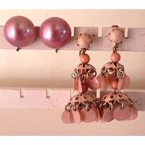 Vtg Pink Necklace Clip Screwback Earrings Lot Bead Multi Strand Japan Hong Kong - Picture 2 of 6